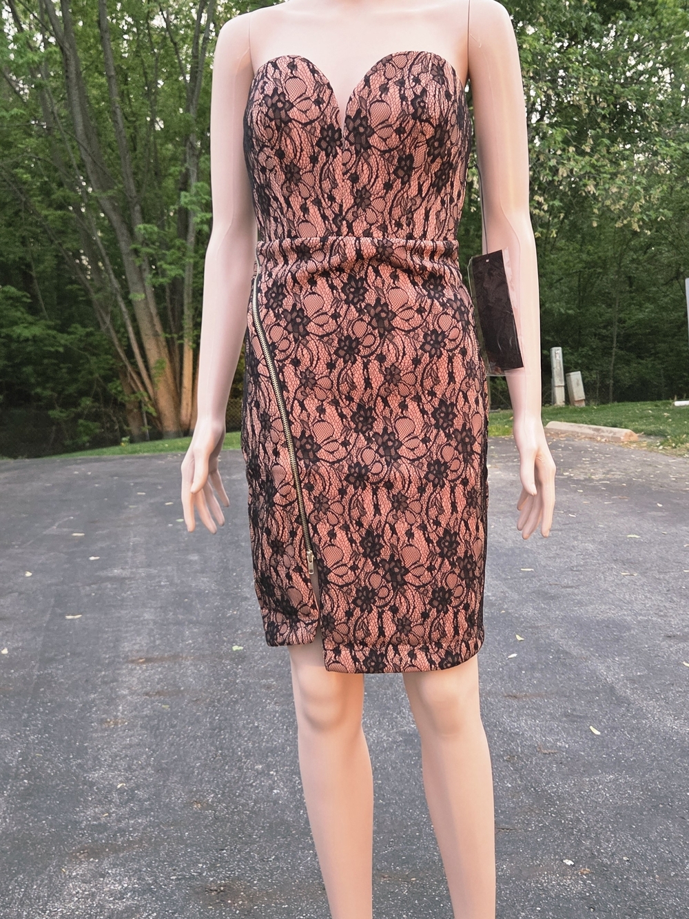 WOW couture Strapless Black Lace Over Coral Sheath Dress